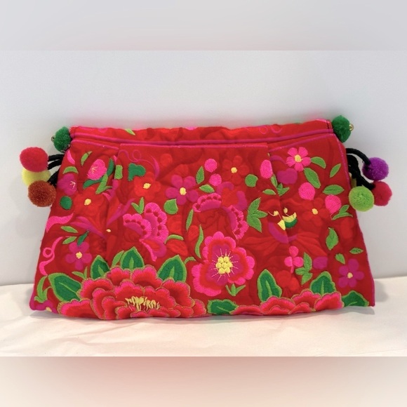 Island Flower Embroidered Colorful Clutch with Pom Pom Ball Tassels - Picture 3 of 5
